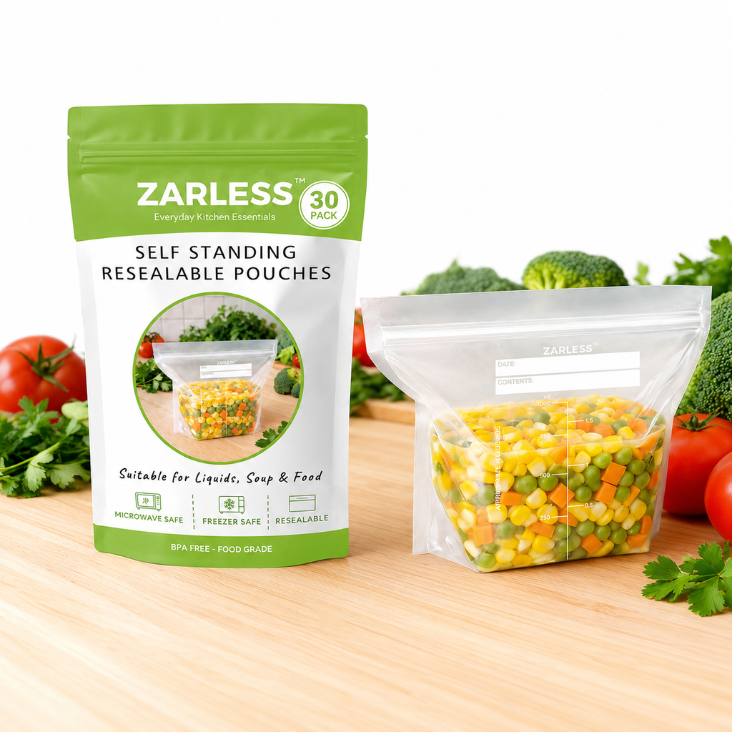 ZARLESS Resealable Food Storage Freezer Bags – Self-Standing, 1 Litre Leakproof Bags for Soup, Sauce & Liquids – BPA-Free, Heavy Duty, Freezer-Safe, Microwave-Safe Food Storage Pouches (30 Pack)