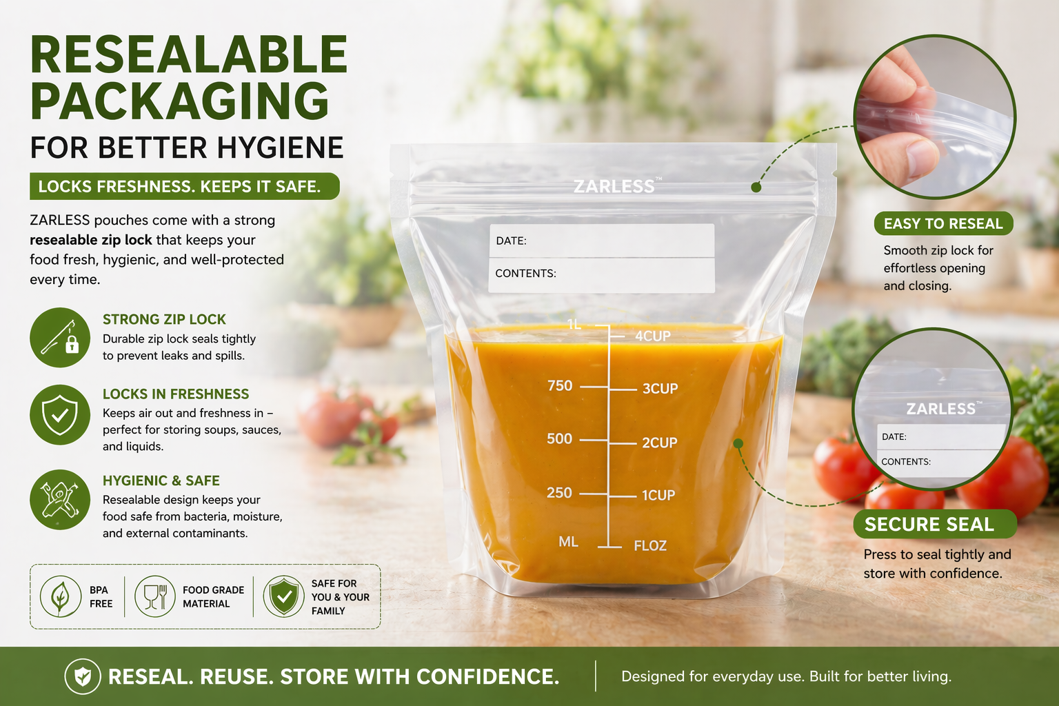 ZARLESS Resealable Food Storage Freezer Bags – Self-Standing, 1 Litre Leakproof Bags for Soup, Sauce & Liquids – BPA-Free, Heavy Duty, Freezer-Safe, Microwave-Safe Food Storage Pouches (30 Pack)