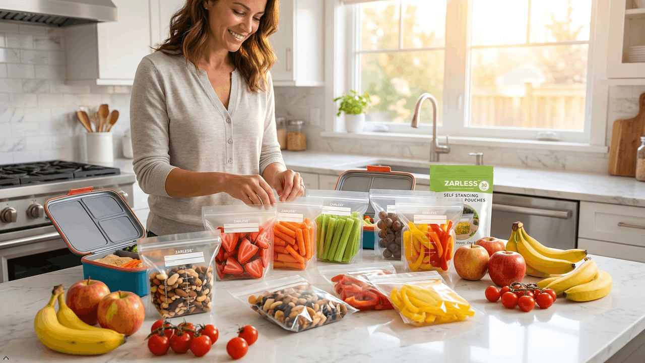 Busy mum using a ZARLESS stand-up freezer bag to organise prepared food