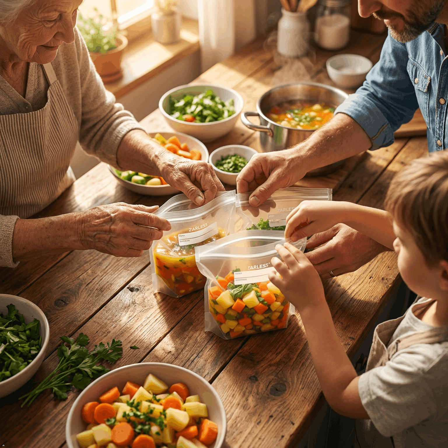 Family preparing and storing homemade meals in ZARLESS resealable freezer bags