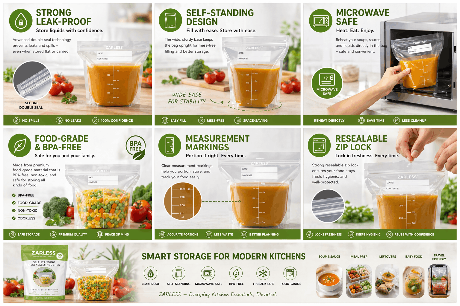 ZARLESS feature grid: leak-proof, self-standing, microwave safe, food-grade and BPA-free, measurement markings, resealable zip lock