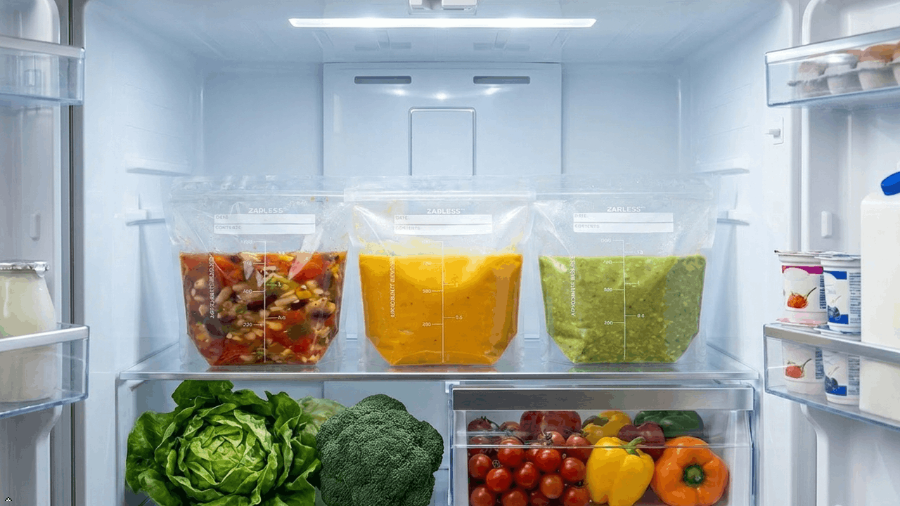 ZARLESS resealable soup bag being filled, showing 225mm x 165mm size and up to 1.5L capacity