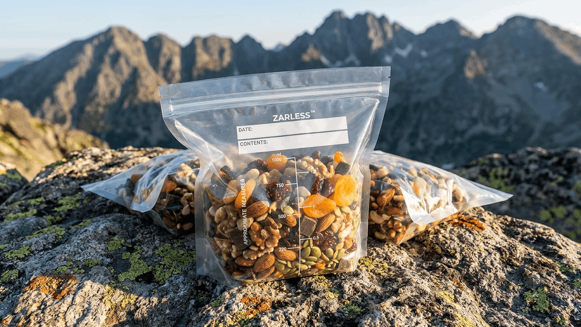 ZARLESS resealable food bag packed for an outdoor hike or day trip