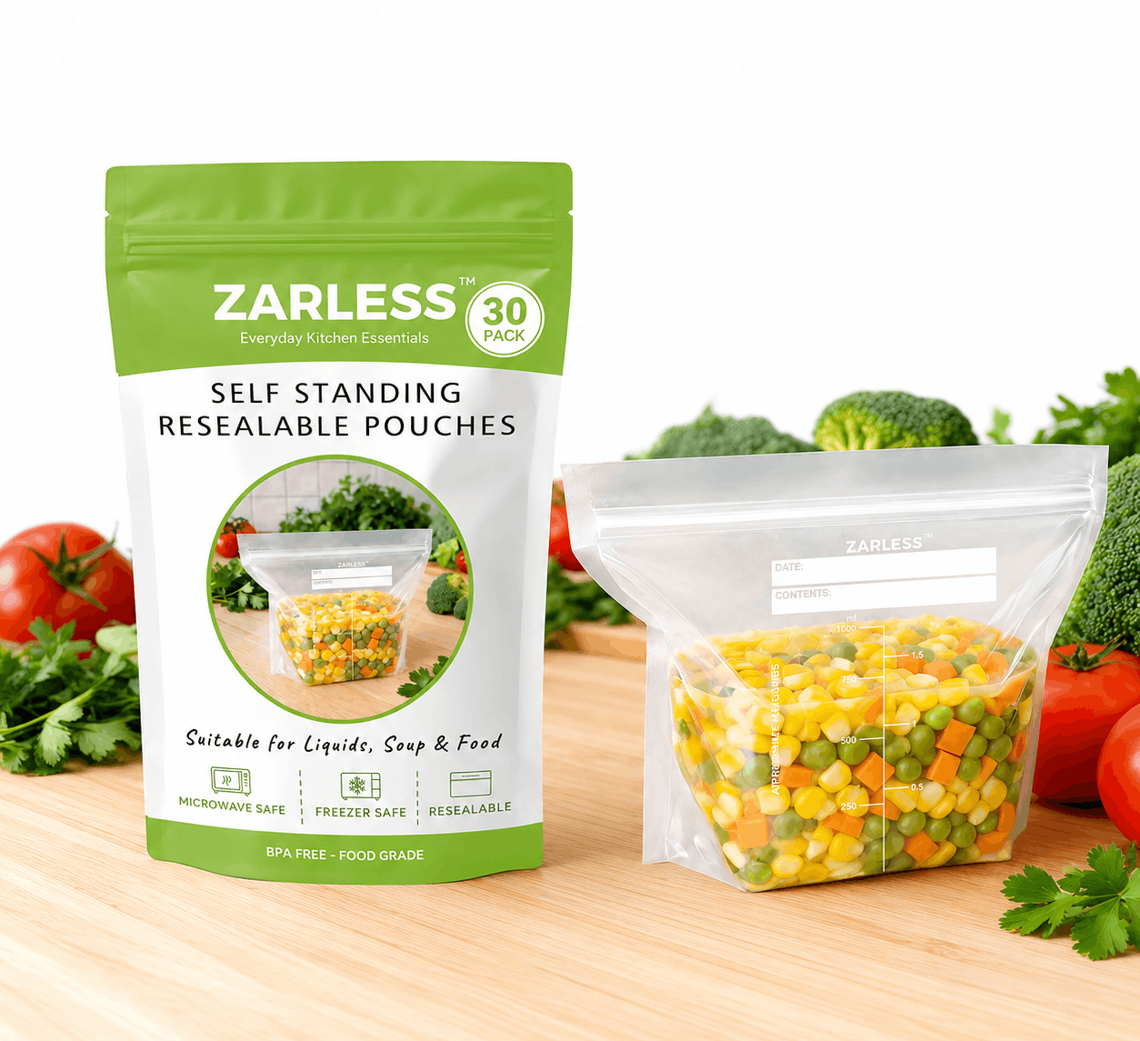 ZARLESS resealable stand-up bag filled with vegetables on a kitchen counter