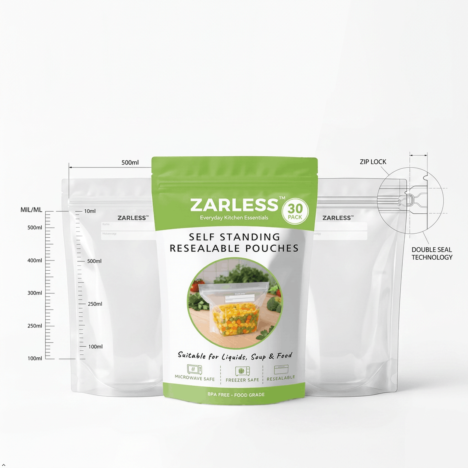 ZARLESS pouch with printed measurement markings and dimensions