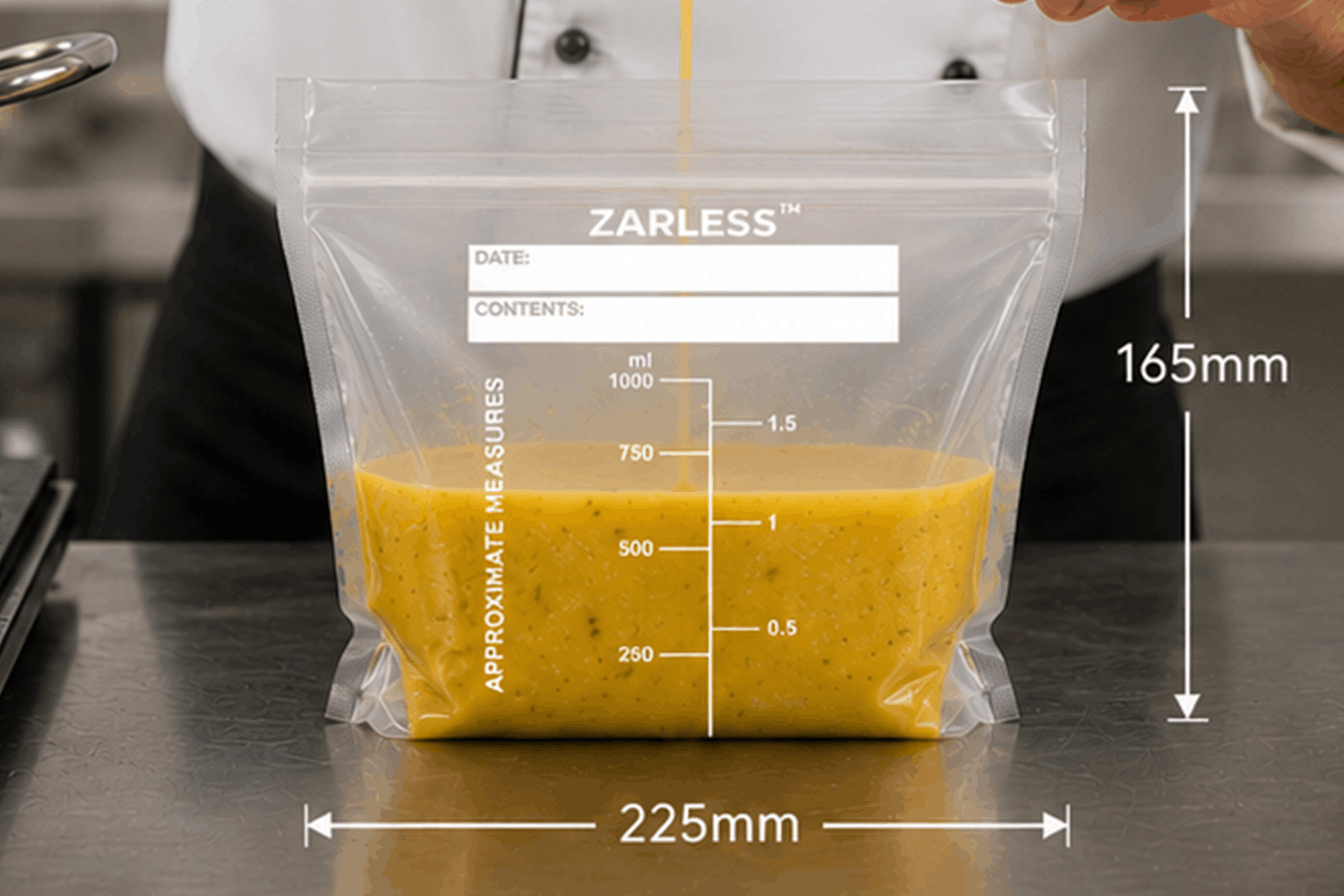 ZARLESS pouch with printed measurement markings and dimensions, 225mm by 165mm