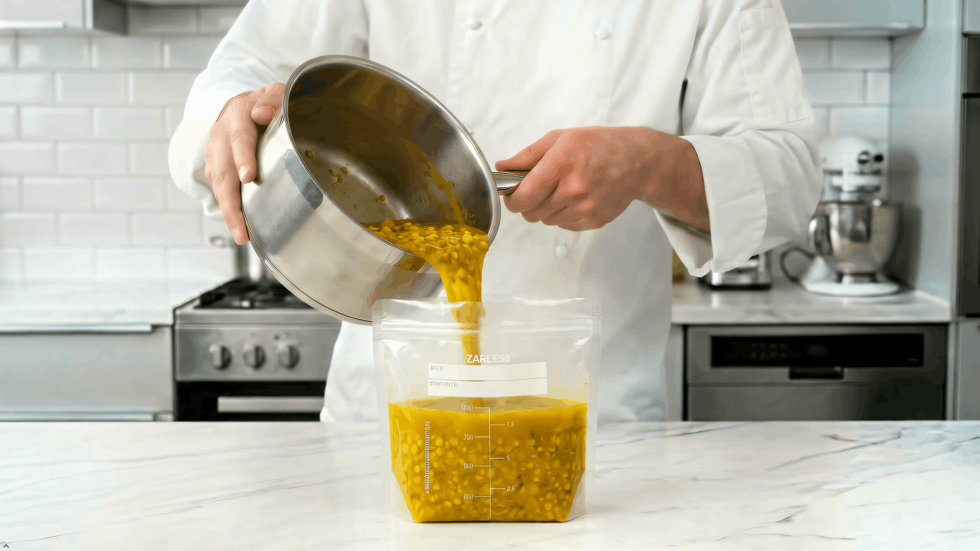 ZARLESS resealable stand-up bag filled with vegetables on a kitchen counter